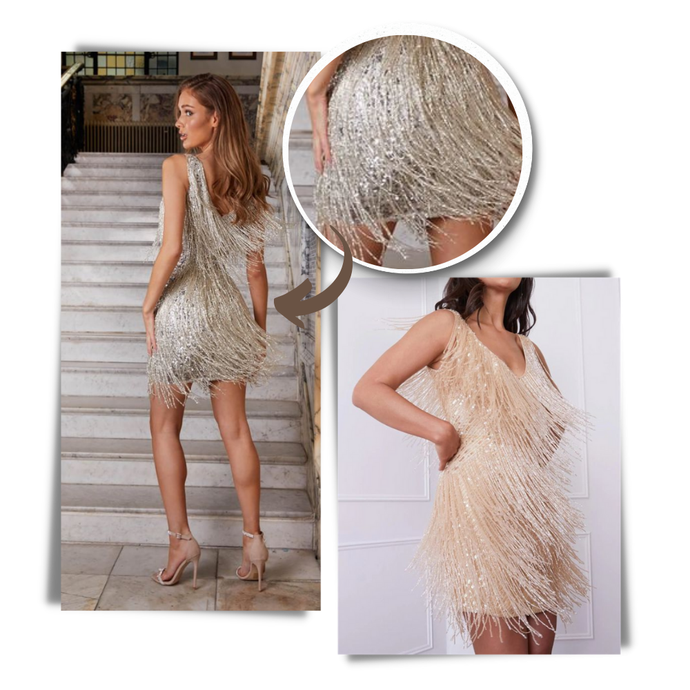 Robe cinza com decote em V e detalhes de paillettes da marca Mianht, modelo elegante para ocasiões especiais.