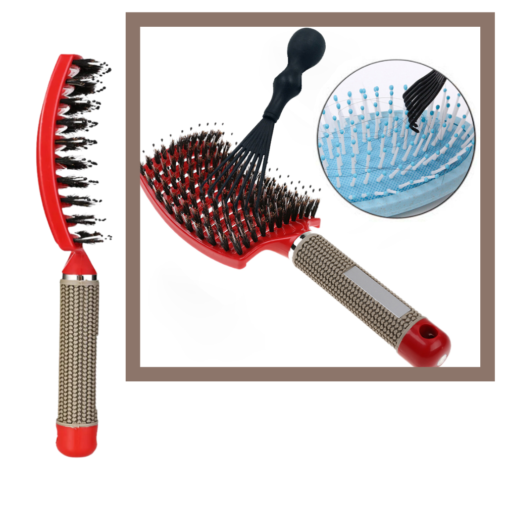 Escova de cabelo massageadora com cerdas de porco para cuidado capilar, da marca Miarhb, com design rosa.
