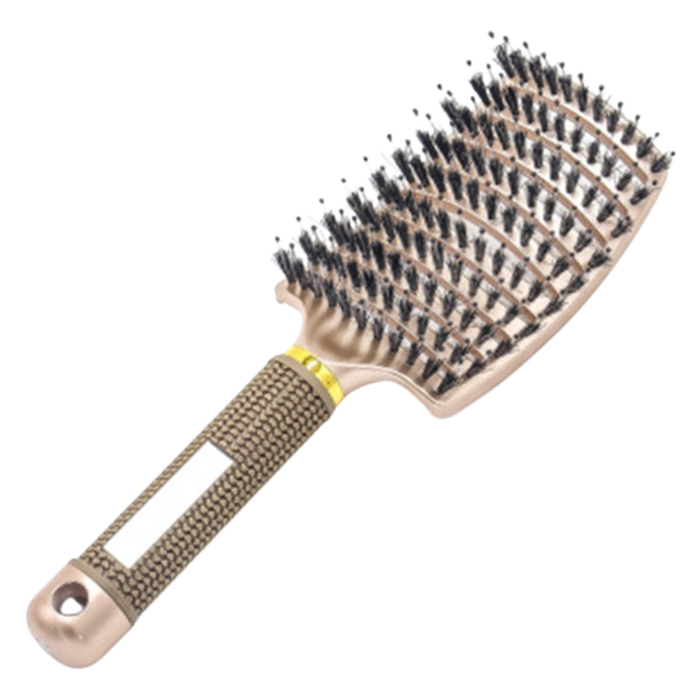 Escova de cabelo massageadora com cerdas de javali da marca Miarhb para cuidado capilar, cor rosa, vista frontal.