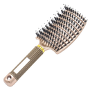 Escova de cabelo massageadora com cerdas de javali da marca Miarhb para cuidado capilar, cor rosa, vista frontal.