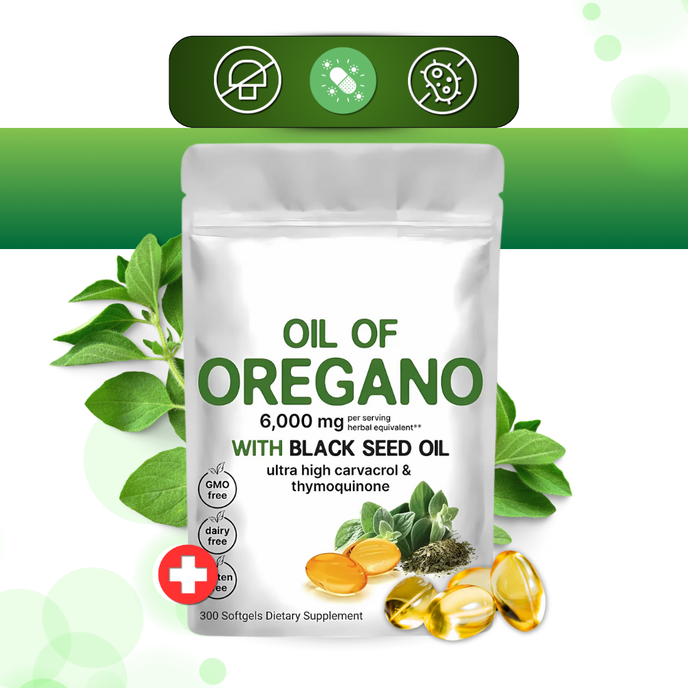 Capsulas de óleo de orégano Micro Ingredients para fitness e nutrição, 180 cápsulas visíveis na imagem.