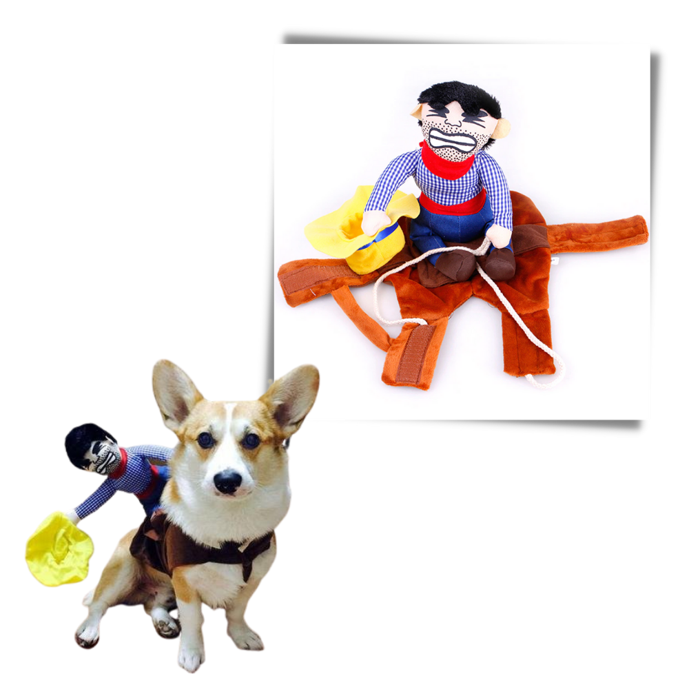 Acessório de fantasia de vaqueiro para cães da marca Midlee, com chapéu e roupa de cowboy no busto do cachorro.