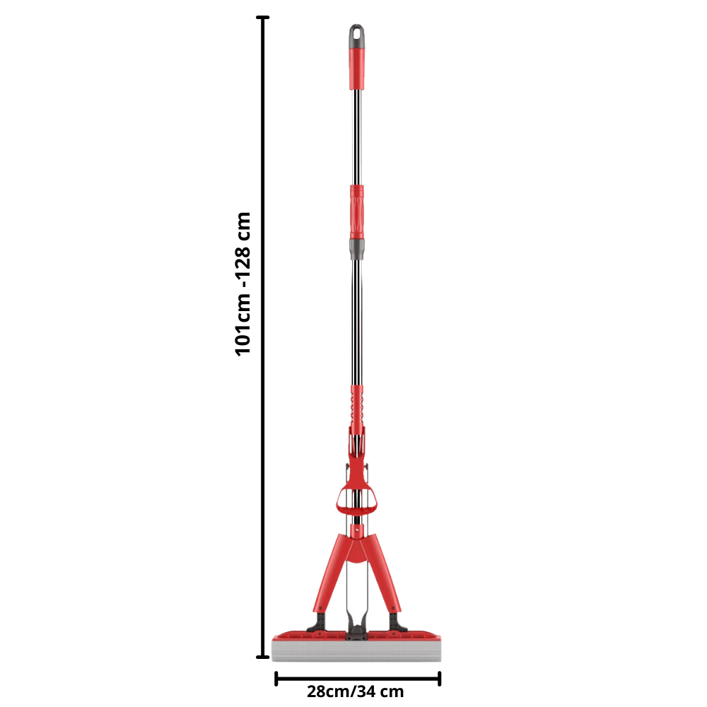 Serpillière vermelha Mimo Tech para limpeza doméstica, com sistema de essorage fácil, 28 cm de largura para limpeza eficiente.