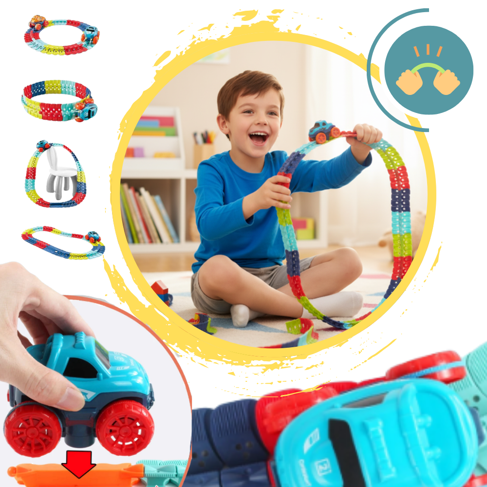Véhicules de jeu Velocity Toys em uma pista de montanha-russa em miniatura com curvas e trilhas emocionantes.