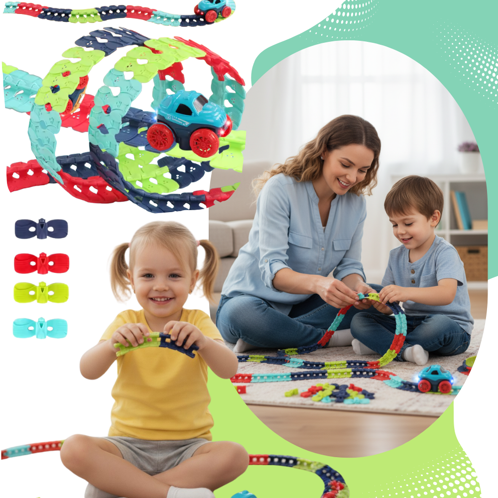 Vários veículos de jogo em mini circuito de montanhas russas da Velocity Toys, com trilhas e curvas coloridas.