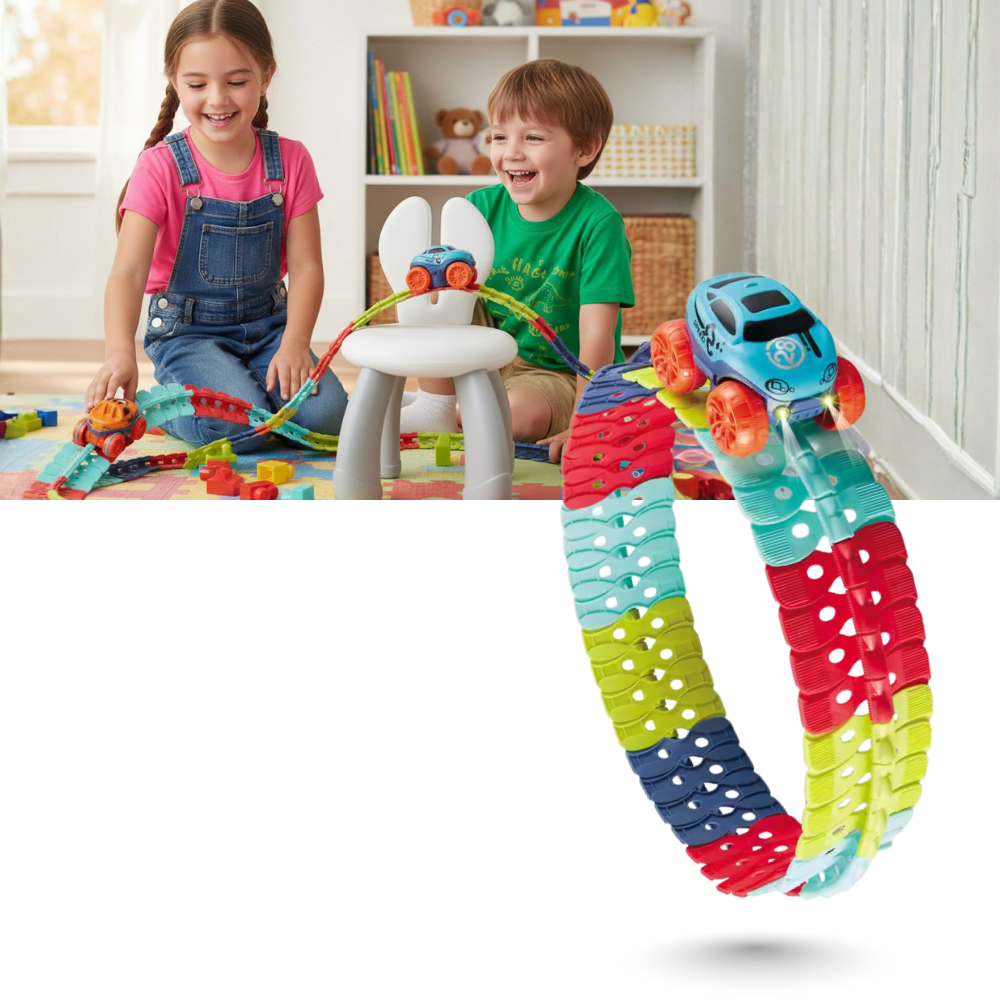 Véhicules de jeu Velocity Toys sur mini circuito de montanhas russas, com trilhas e curvas em detalhe.