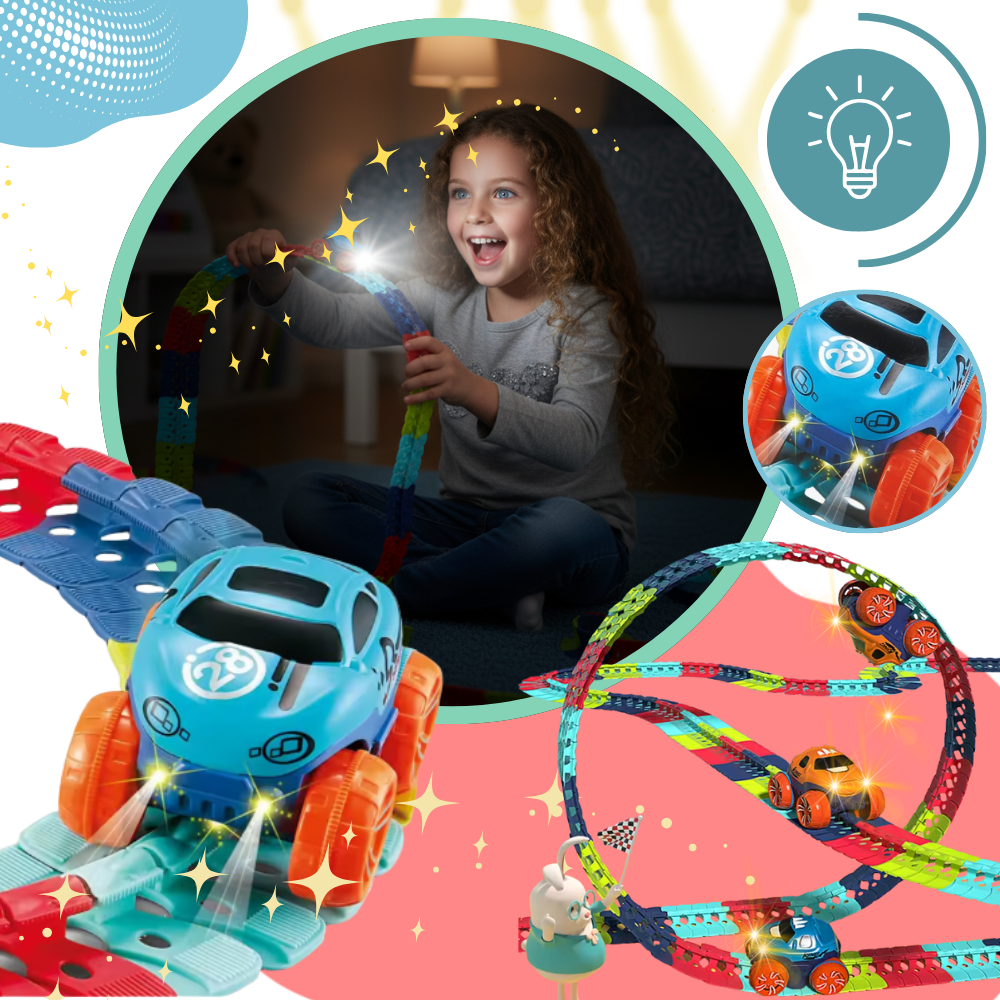 Véhicules de jeu Velocity Toys sur mini circuito de montanhas russas com iluminação, brinquedo de corrida em miniatura.