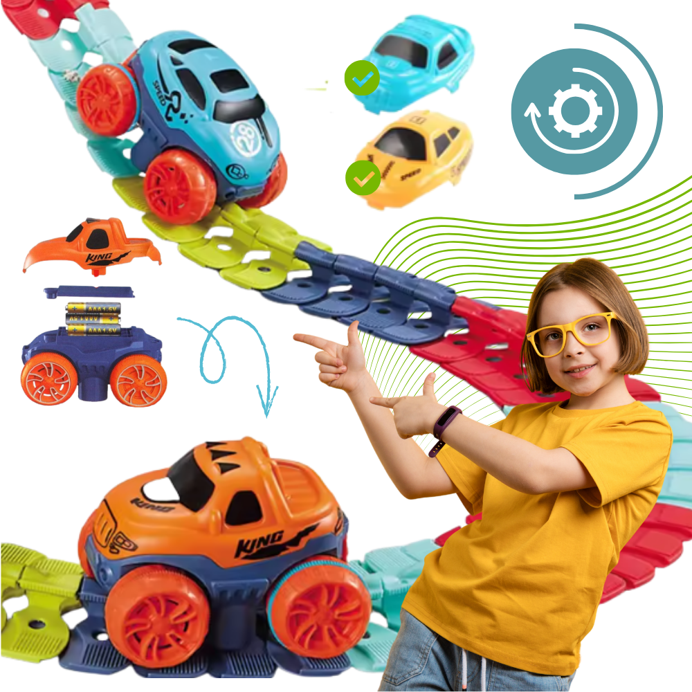 Véhicules de jeu Velocity Toys sur mini circuito de montanhas russas, com pistas e regras visíveis em uma imagem detalhada.