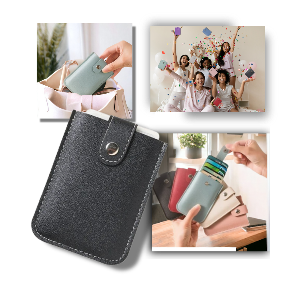 Carteira minimalista Jangslng para cartões de visita, com design compacto e elegante, visível na imagem.