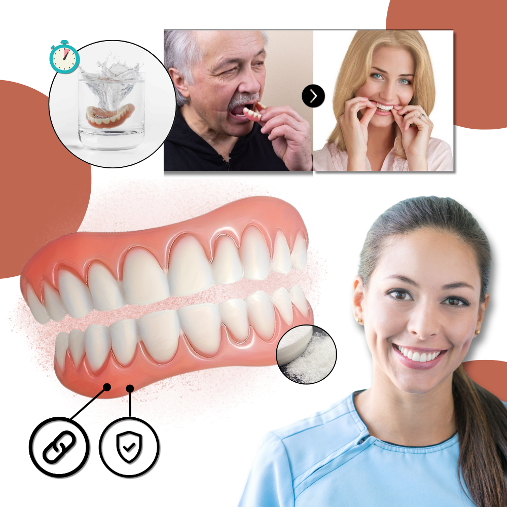 Kit de próteses dentárias Mlfire com itens de cuidados bucais, incluindo moldeiras e produtos de higiene dental.