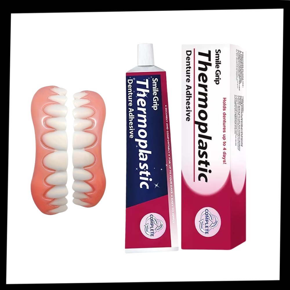 Kit de próteses dentárias Mlfire para cuidados bucais, com componentes visíveis e detalhes do produto.