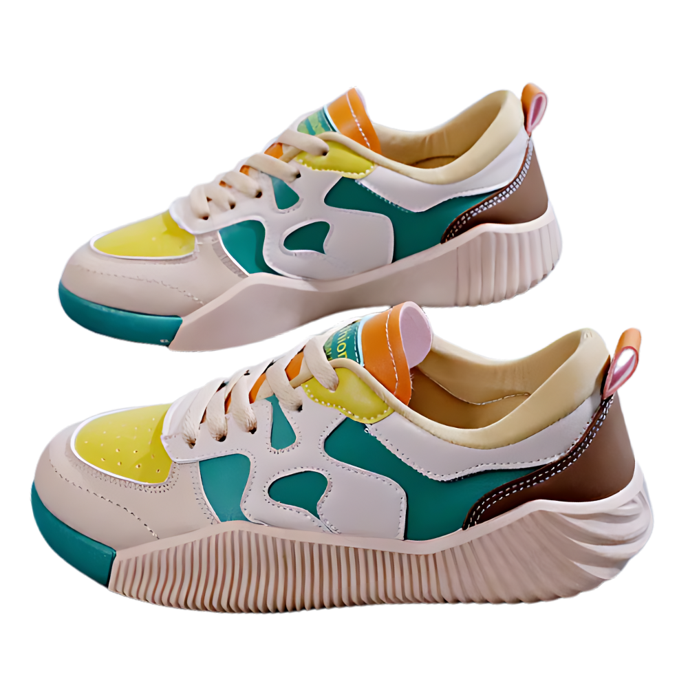 Tênis ortopédico Ielgy com design moderno, estilo casual, em cores verde e marrom com detalhes de ranhura.