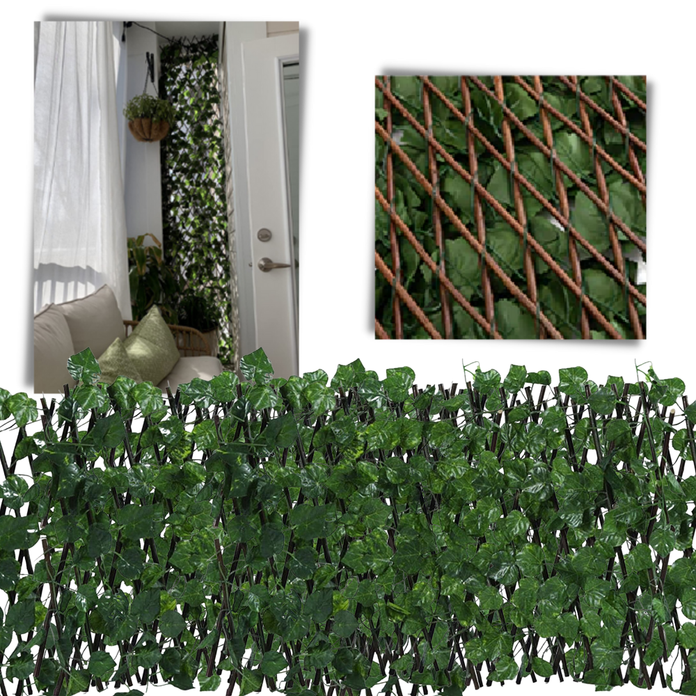 Painel de cerca vegetal artificial retrátil da Molecole, resistente e fácil de ajustar para delimitar espaços ao ar livre.