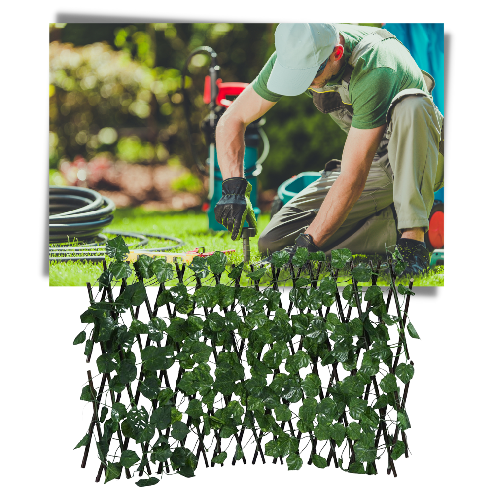 Painel de cerca vegetal artificial retrátil Molecole, resistente e decorativo para delimitar ambientes ao ar livre.