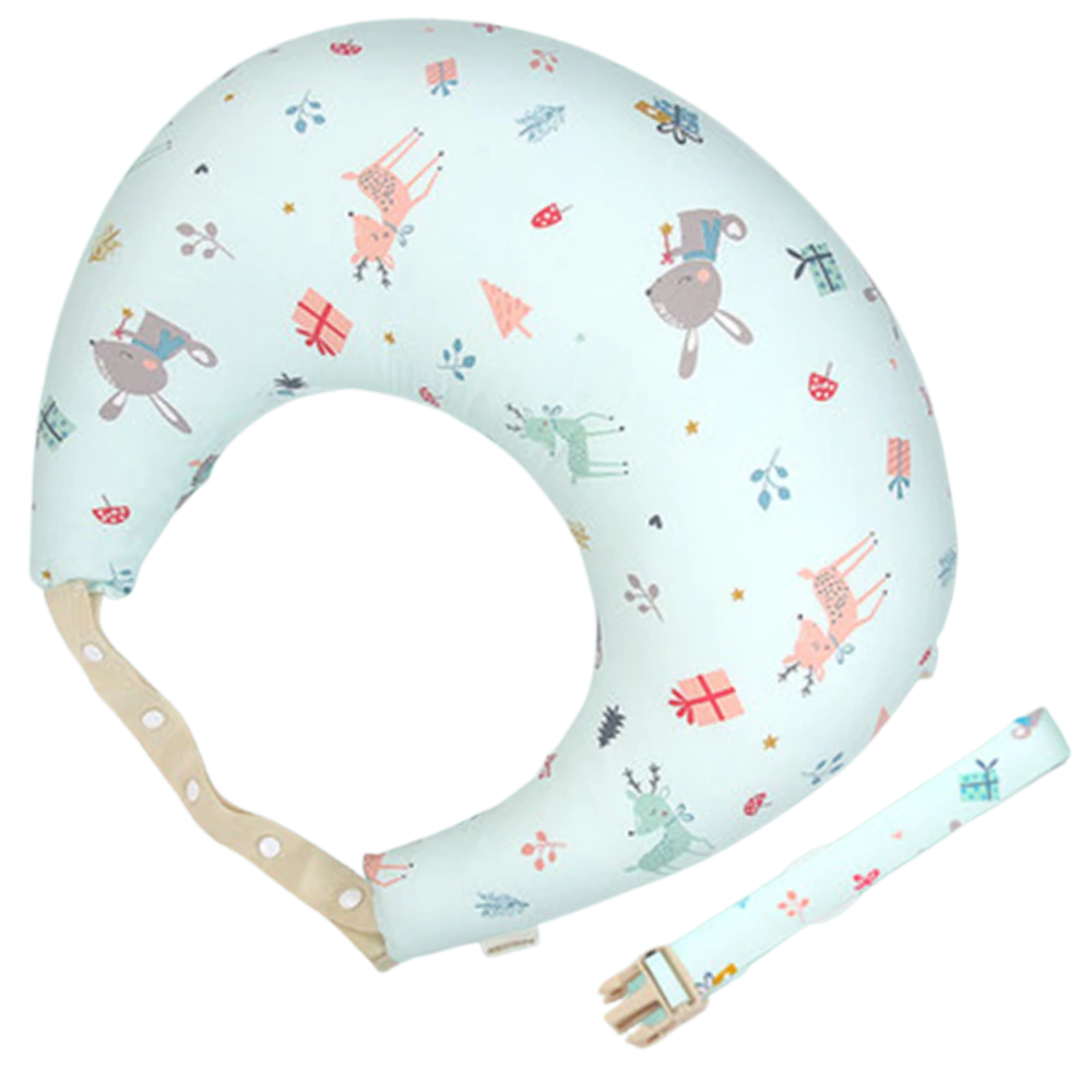 Coussin de maternidade Momcozy com estampa de floresta verde, almofada de apoio para amamentação e descanso confortável.