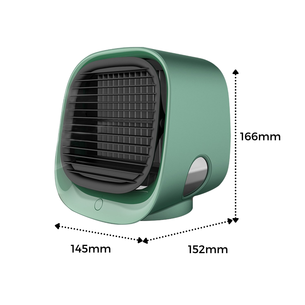 Refroididor e umidificador de ar USB da Monoprice Inc. compacto em verde, ideal para resfriar e humidificar ambientes pequenos.