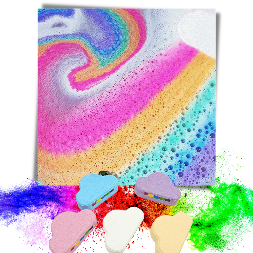 Bomba de banho da Moonvvin com sais de mar coloridos, cosméticos relaxantes, em embalagem branca.