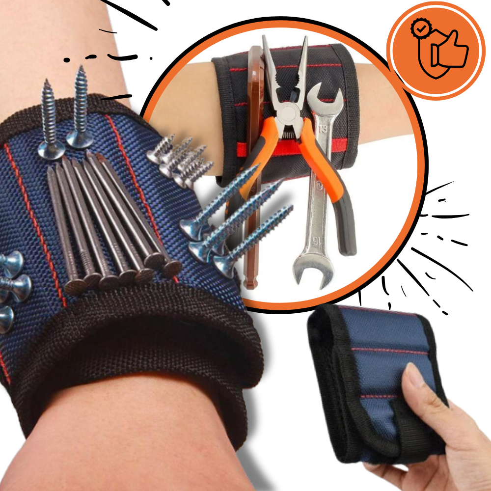 Pulseira de ferramentas Moretek com tecido Oxford resistente, com ímãs magnéticos, na cor preta.