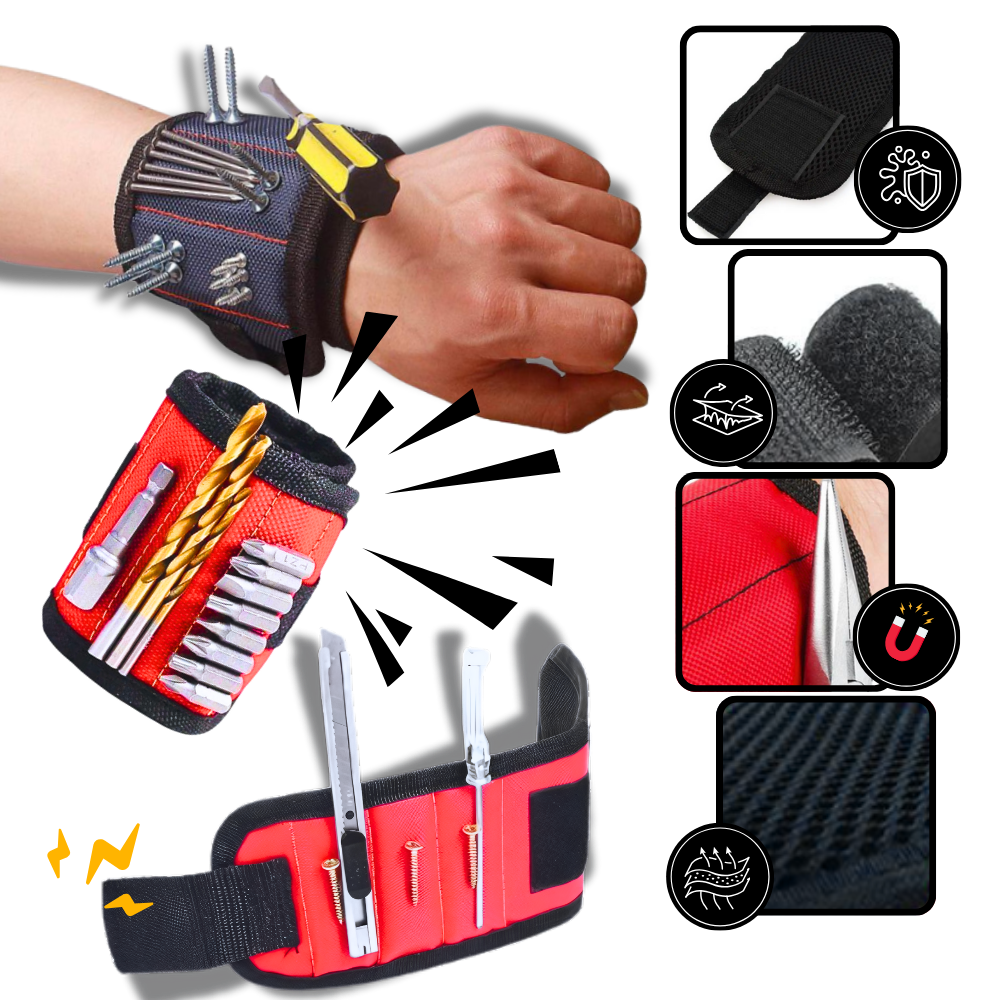 Pulseira de ferramentas Moretek com fechos magnéticos em tecido Oxford resistente, ideal para organização e transporte de ferramentas.