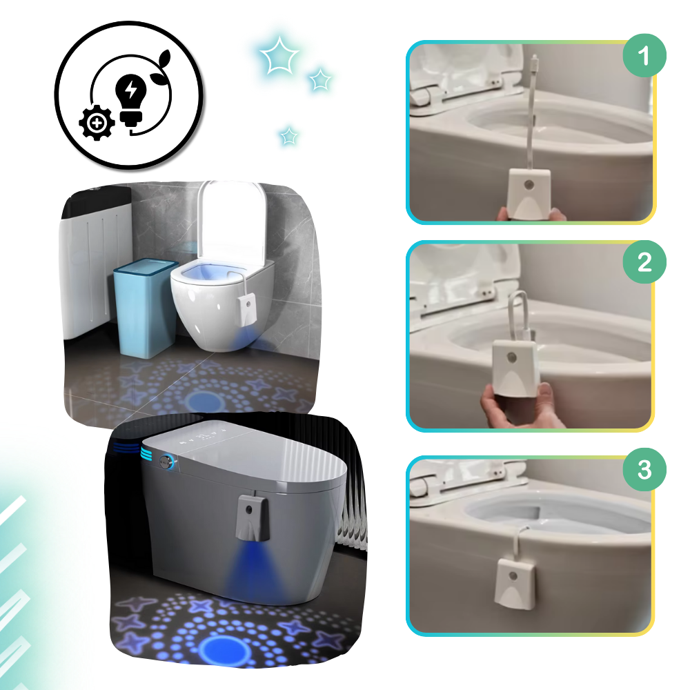 Lâmpada de banheiro com detecção de movimento da Battmate, iluminando o vaso sanitário automaticamente.