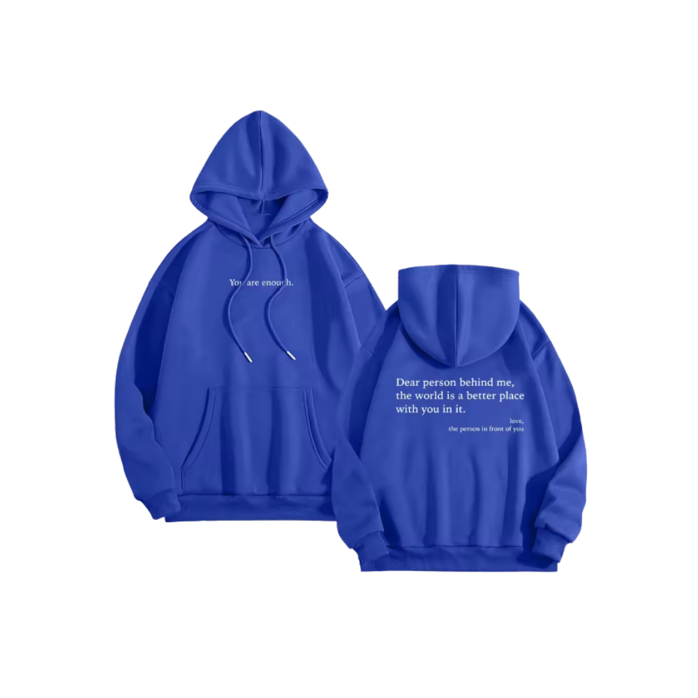 Moletom oversized feminino com mensagem motivacional da marca Brop Anko, em tecido de roupas de lazer na cor azul.