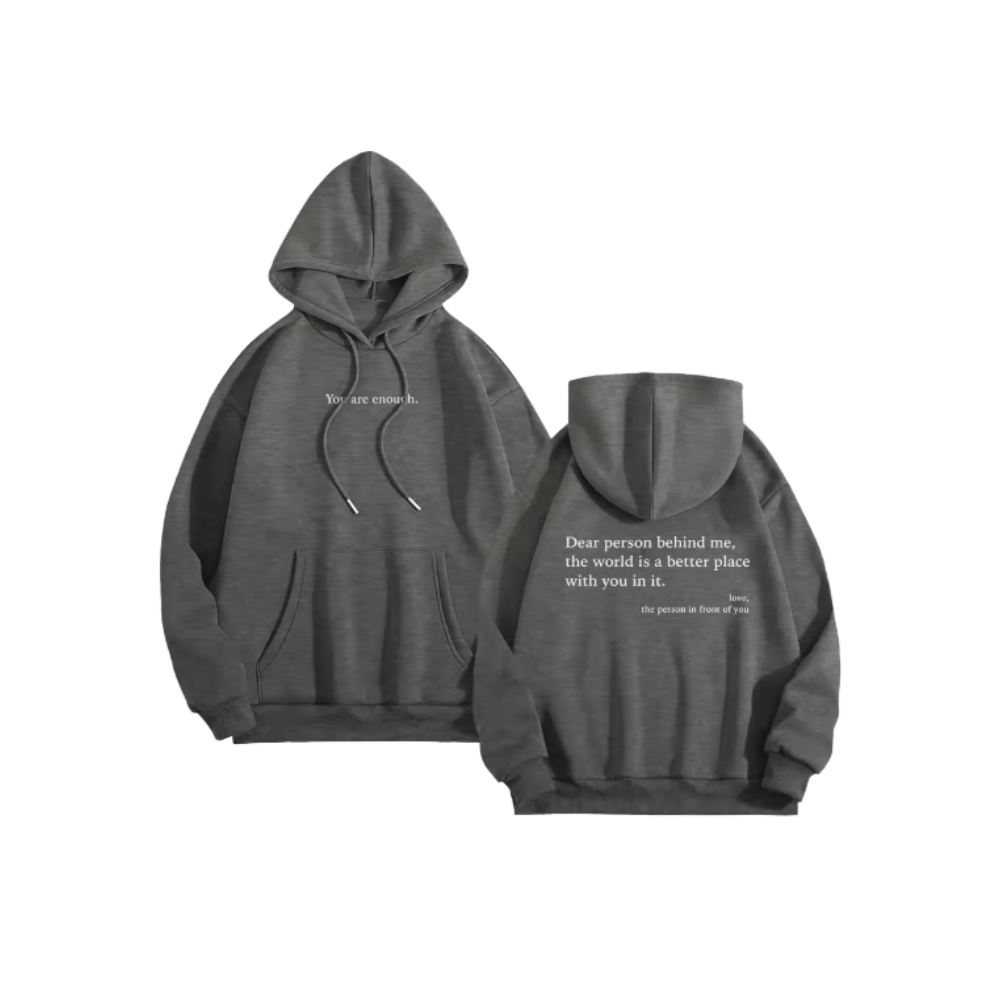 Moletom oversized feminino da Brop Anko na cor cinza escuro com mensagem motivacional, veste confortável para atividades ao ar livre.