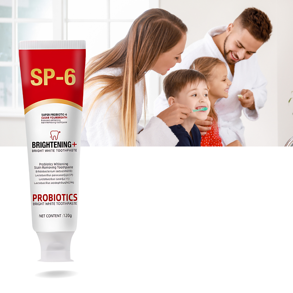 Dentifrice branqueant com probióticos da Mrigtriles, produto de cuidados bucais para dentes mais brancos e saúde bucal.