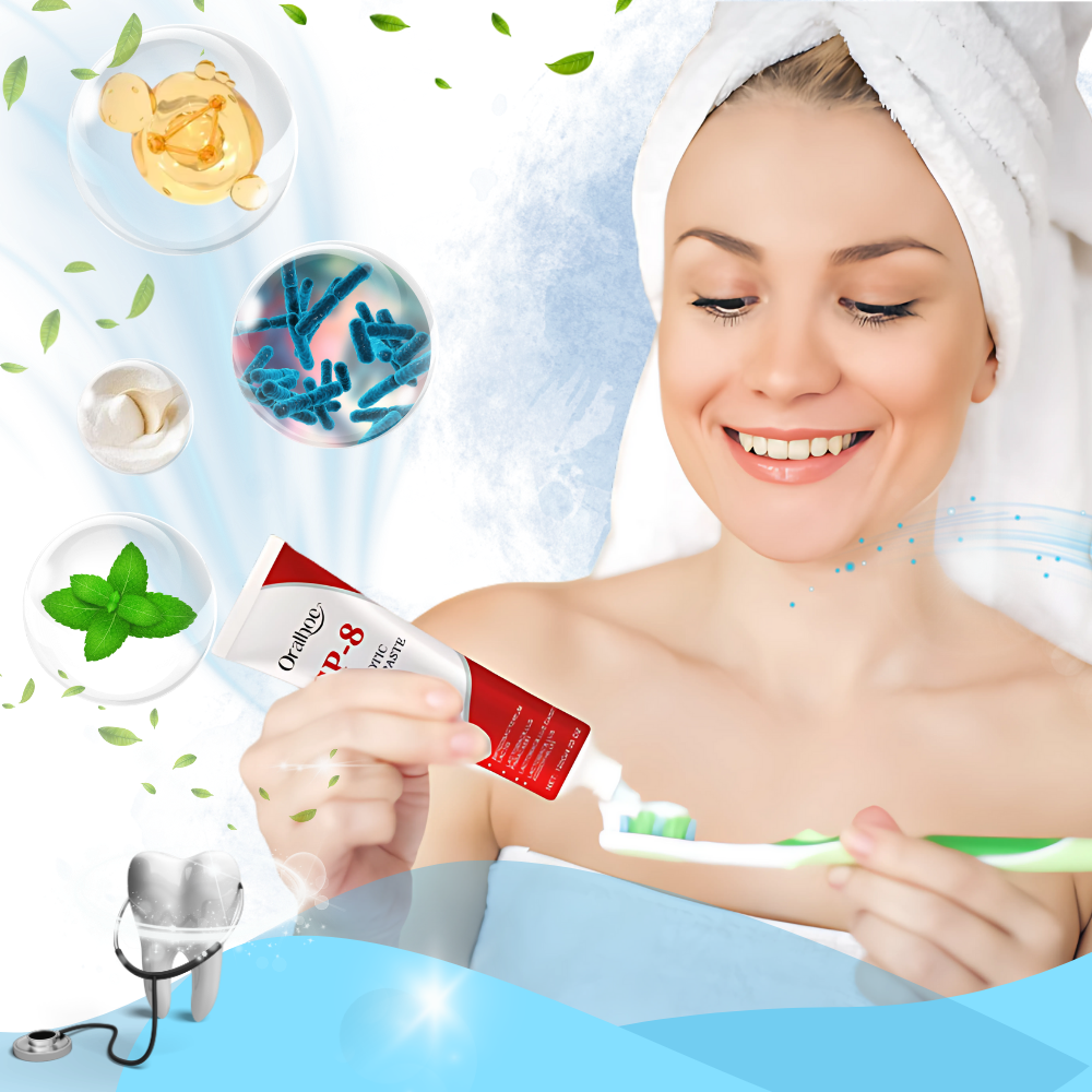 Dentifrício branqueador com probióticos da Mrigtriles, produto de cuidados bucais, com embalagem e tubo visíveis na imagem.