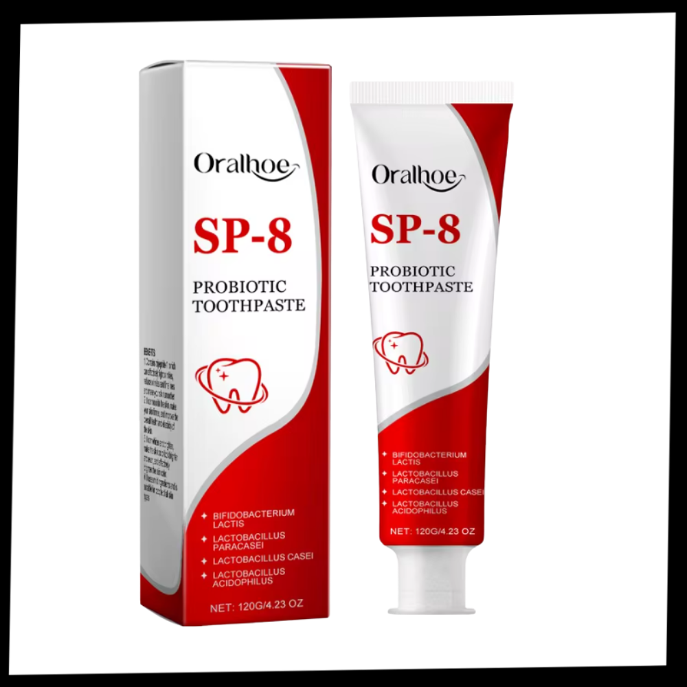 Dentifrice branissant aux probiotiques Mrigtriles pour soins buccaux, mostrando a embalagem e pasta dental branca com logo.