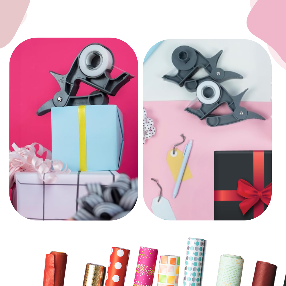 Porta-papel multifuncional para papel de presente com trombones e pinças, marca 3M, para organização e armazenamento de fitas e papel.
