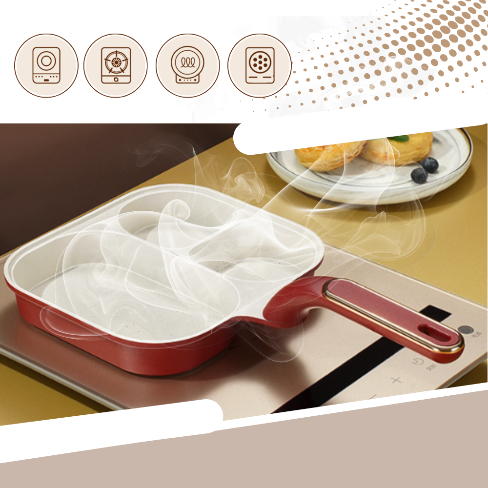 Frigideira com compartimentos múltiplos da Bkfydls para cozinhar e assar, com seções separadas para diferentes alimentos.
