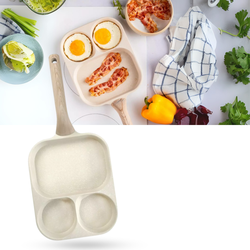Panela de cozinha com compartimentos da marca Bkfydls, ideal para cozinhar e assar alimentos separados em uma única peça.