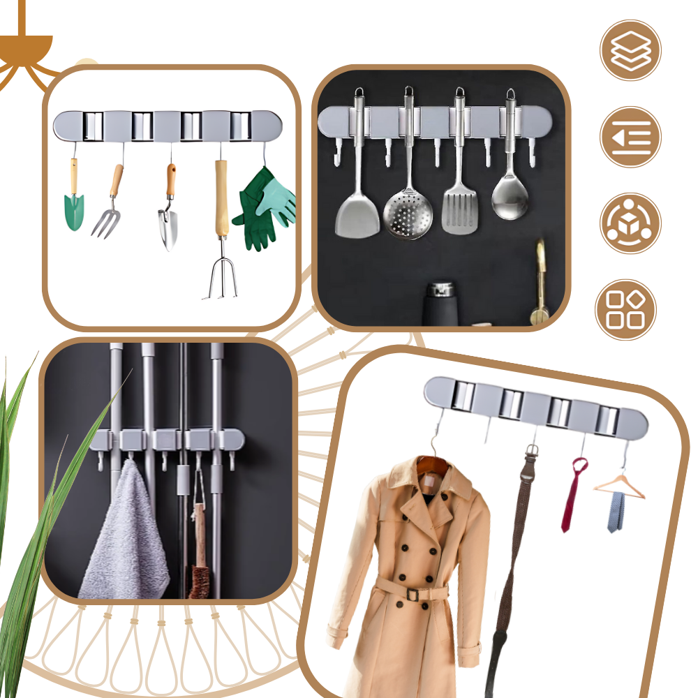 Suporte multifuncional para vassouras da Costway, ideal para organização e armazenamento de ferramentas de limpeza doméstica.
