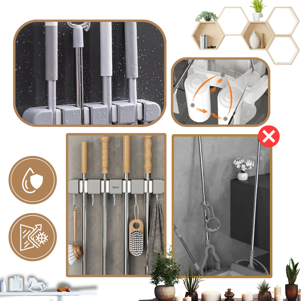 Suporte multifuncional para vassouras da Costway, ideal para organização e armazenamento de ferramentas de limpeza doméstica.