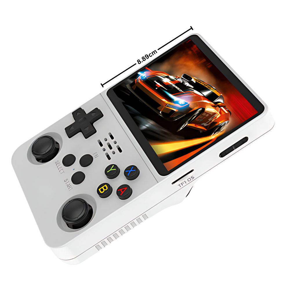 Console de jogos portátil retro da Media com múltiplos emuladores, tela colorida e botões de controle destacáveis.