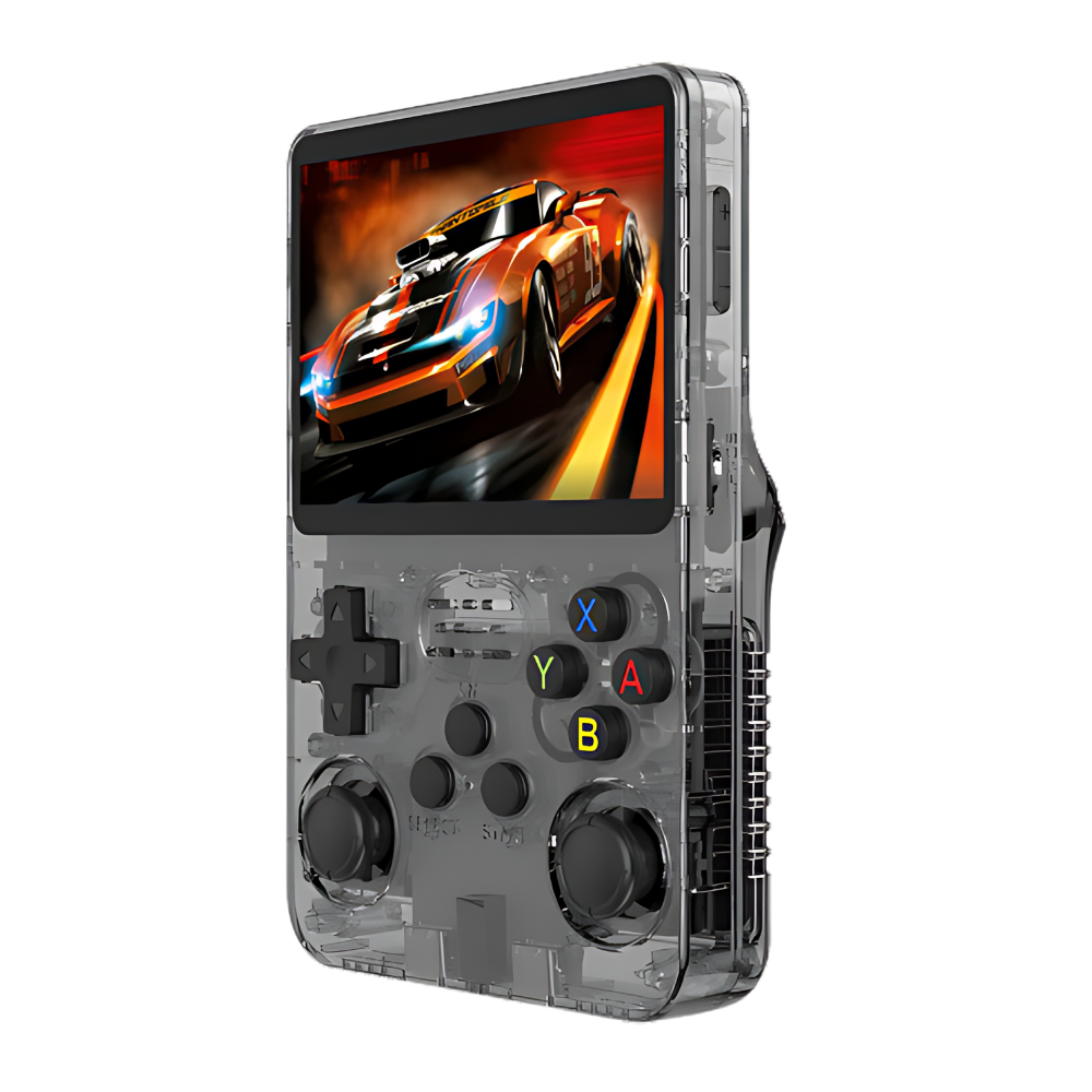 Console de jogos portátil retro da Media com múltiplos emuladores, tela cinza, ideal para jogos clássicos em movimento.