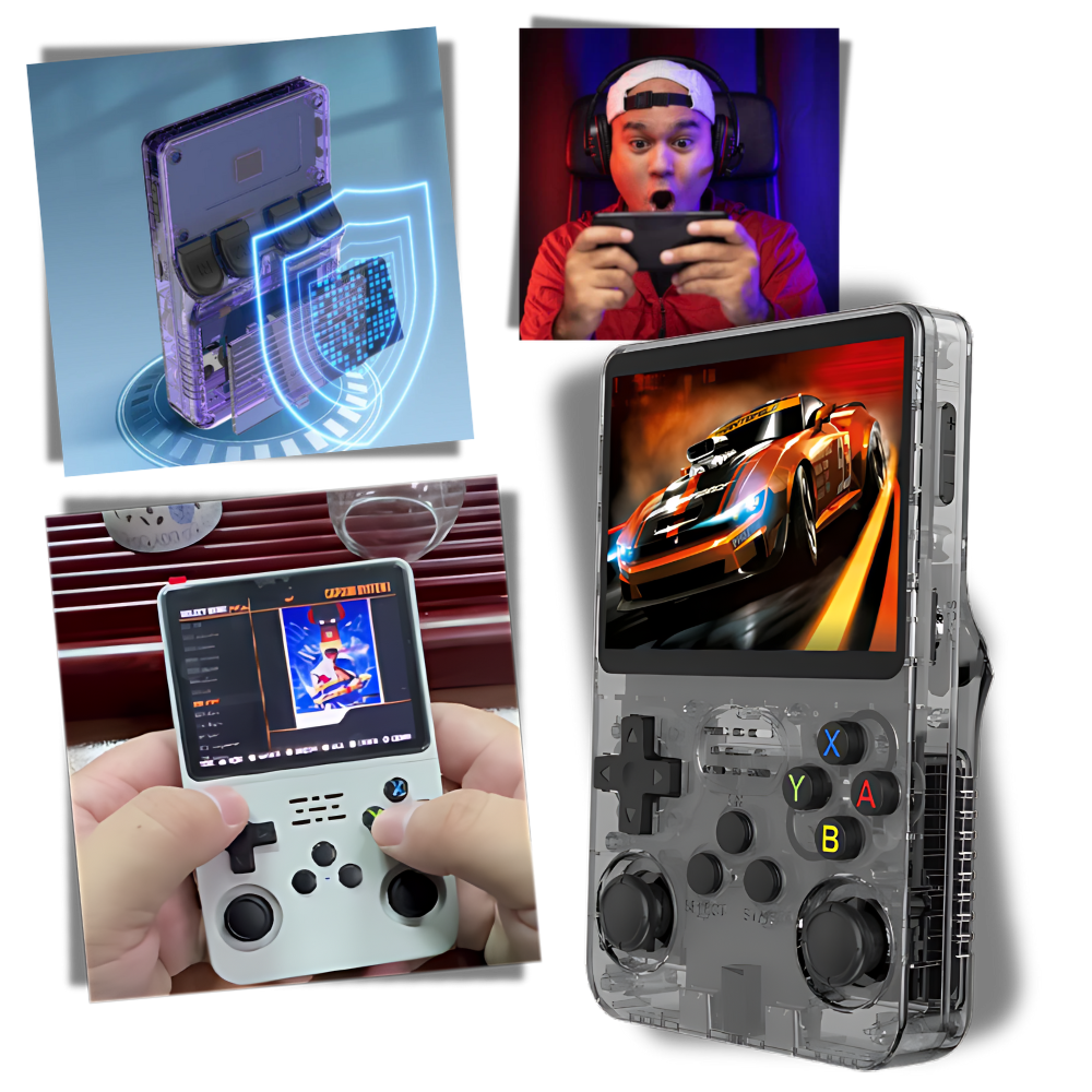Console de jogos portátil retro multijogos Media, tela colorida, botões tradicionais e design compacto para diversão em movimento.