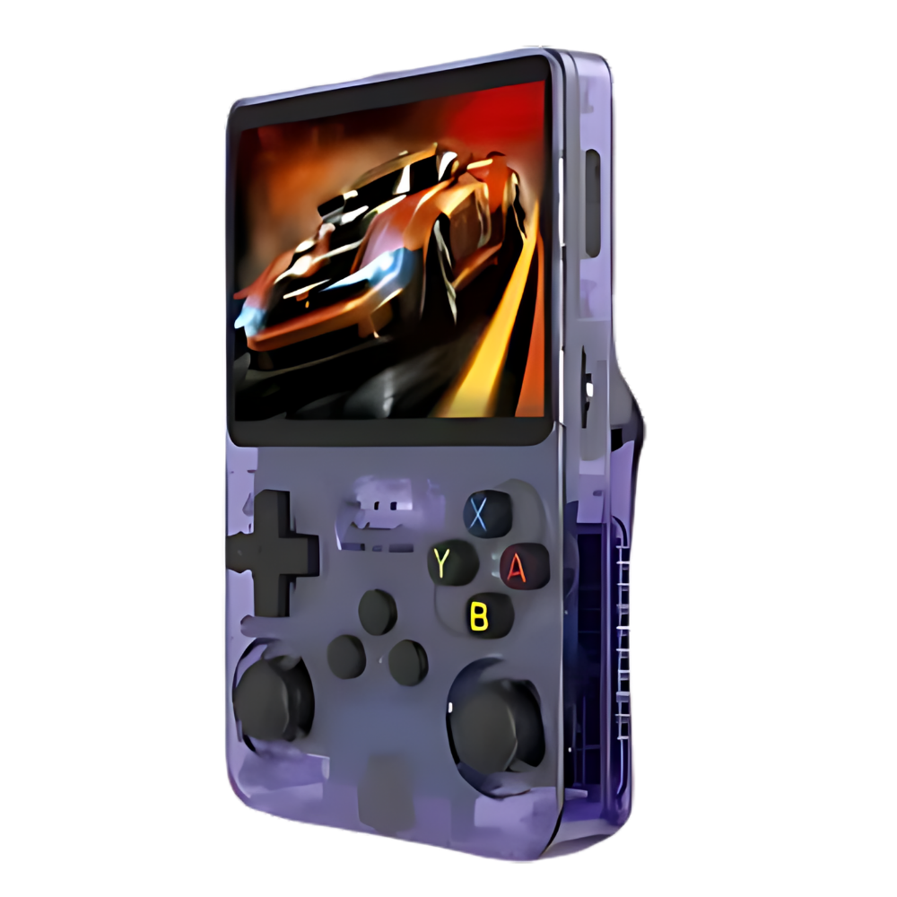 Console de jogos portátil retro da Media com múltiplos emuladores, tela colorida e design compacto na cor roxa.