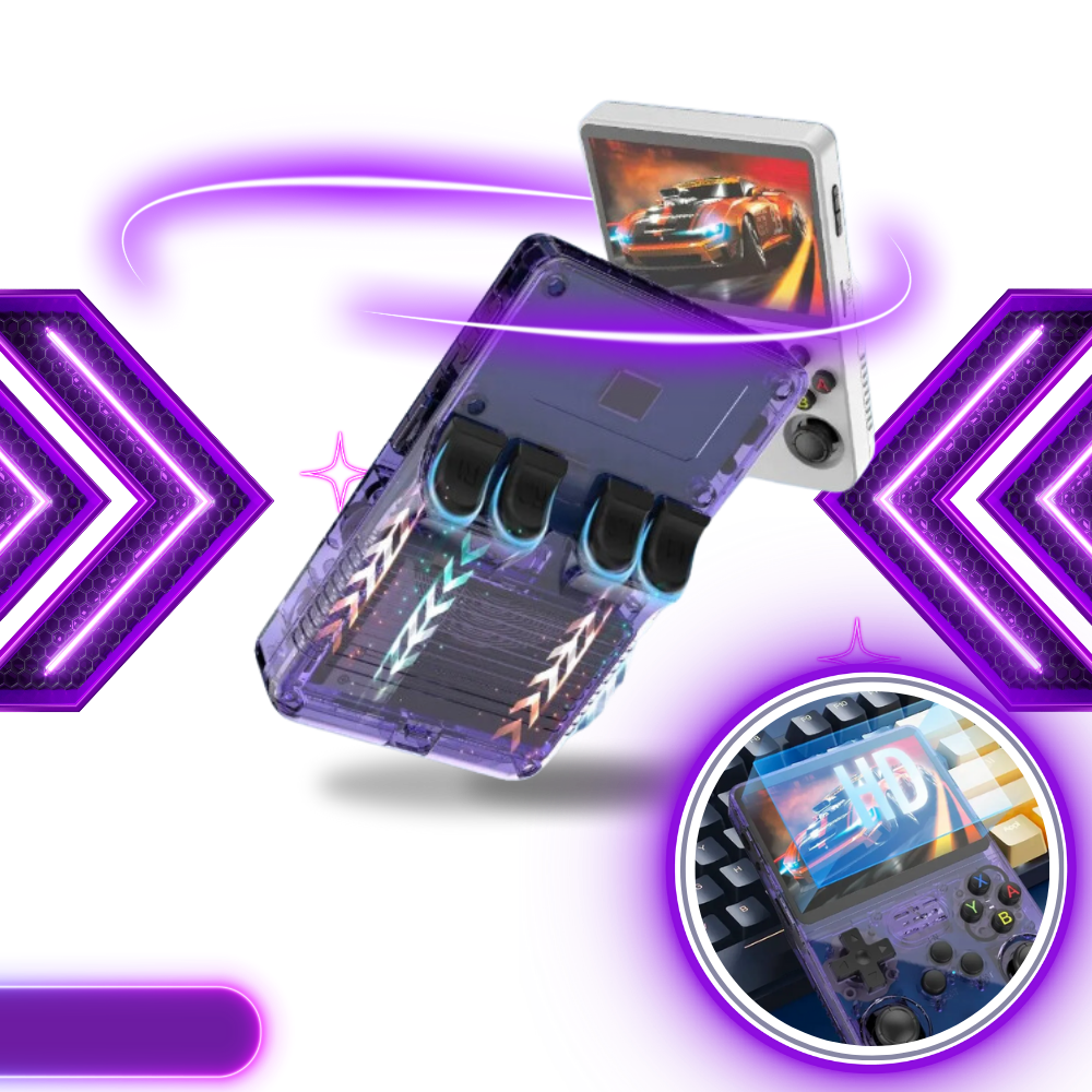 Console de jogos portátil retro Media com múltiplos emuladores, tela colorida e design compacto para diversão em movimento.