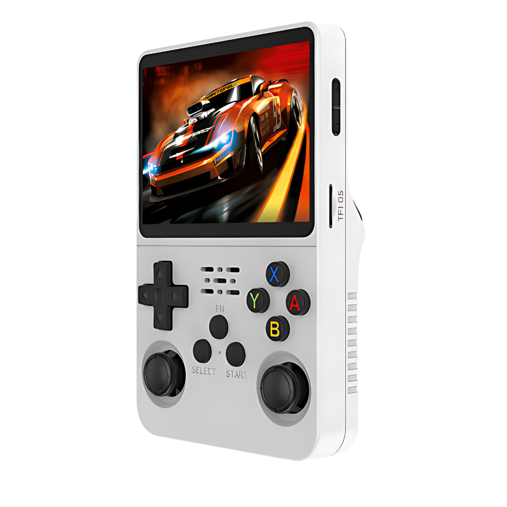 Console de jogos portátil retro da Media com múltiplos emuladores, tela branca e design compacto para jogos clássicos.