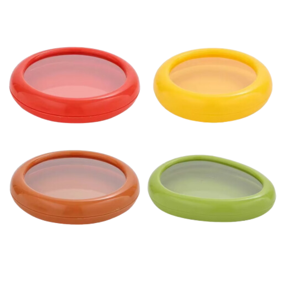 Recipientes herméticos multifuncionais para armazenamento de alimentos, com tampas de vedação na cor branca.