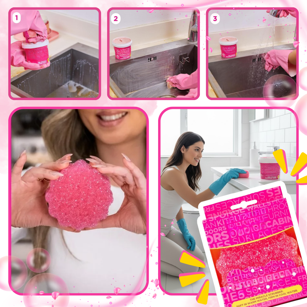 Pasta de limpeza mágica Stardrops de cor rosa sendo aplicada em superfície para limpeza multiuso em casa