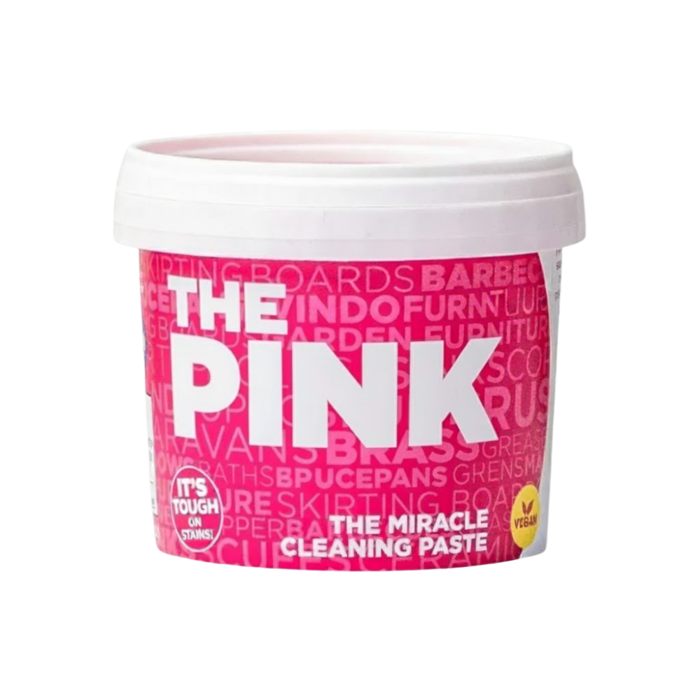 Pasta de limpeza mágica multiuso rosa da Stardrops, usada para limpar superfícies variadas na casa.