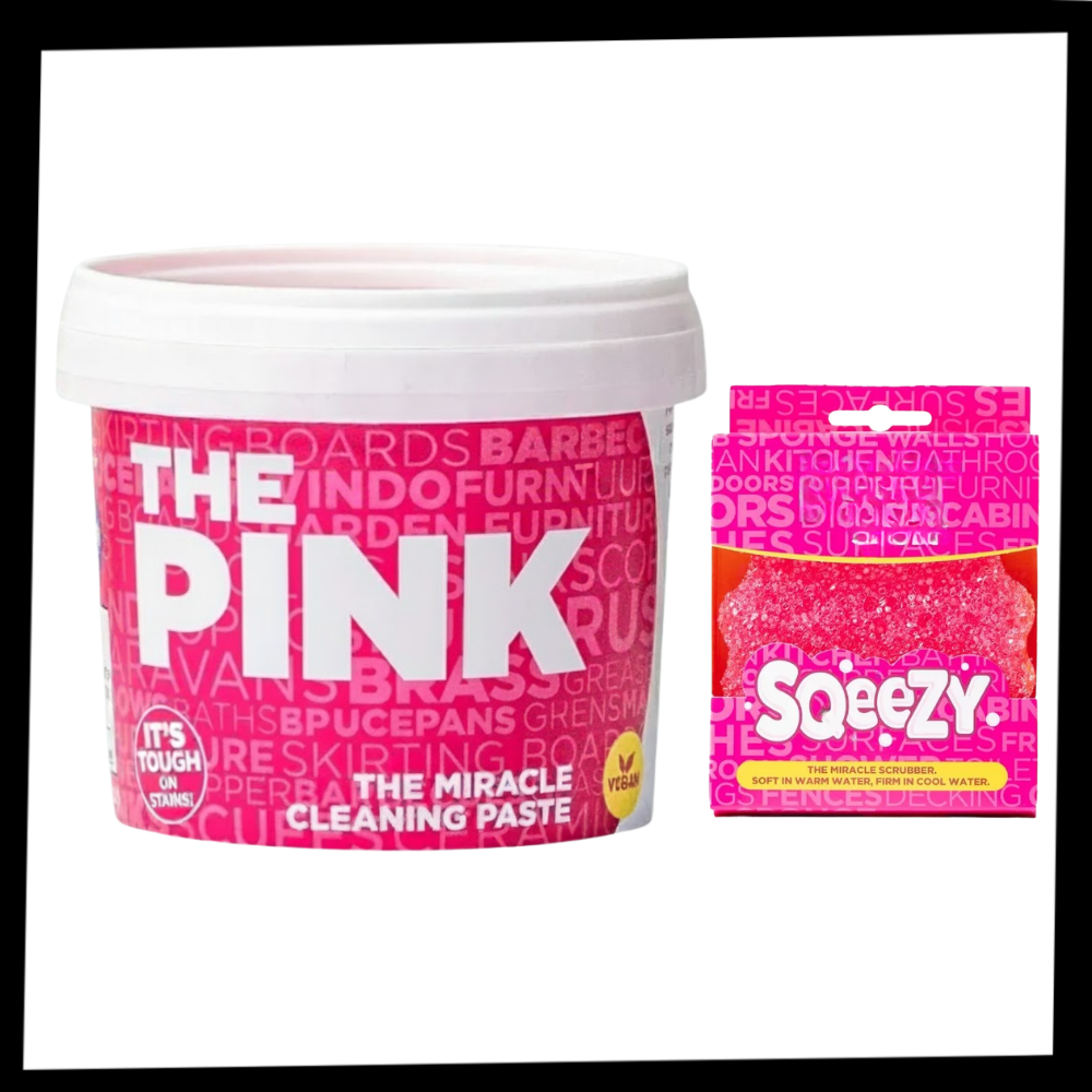 Pasta de limpeza multiuso Stardrops em embalagem rosa, produto de limpeza doméstica para várias superfícies e usos.
