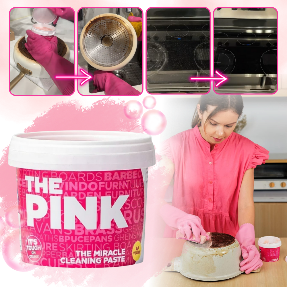 Pasta de limpeza mágica Stardrops de cor rosa para uso multiuso na limpeza da casa, mostrando a pasta em um recipiente.