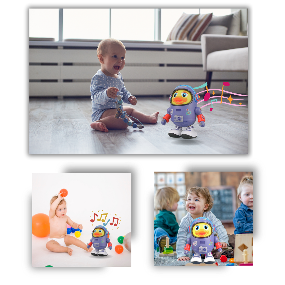 Brinquedo de pelúcia interativo em forma de pato musical para bebês, marca Kyoffiie, com cores vibrantes e detalhes fofos.