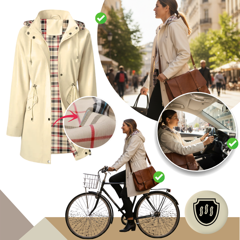 Casaco trench-coat chic e impermeável da Musuos em tecido branco, ideal para roupas de exterior e proteção contra chuva.