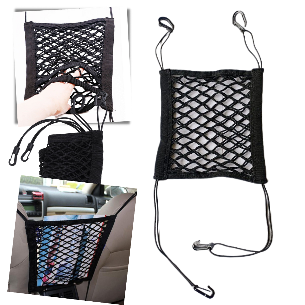 Filet elástico de armazenamento para carros, acessório de carregamento Mutocar com dois compartimentos para organização.