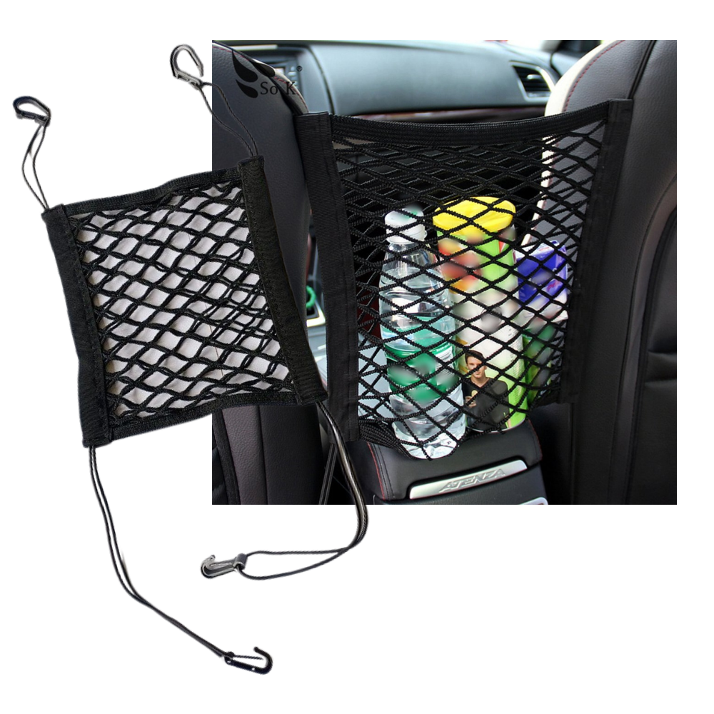 Rede de armazenamento elástica Mutocar para carros, com dois compartimentos, ideal para organização de objetos no veículo.