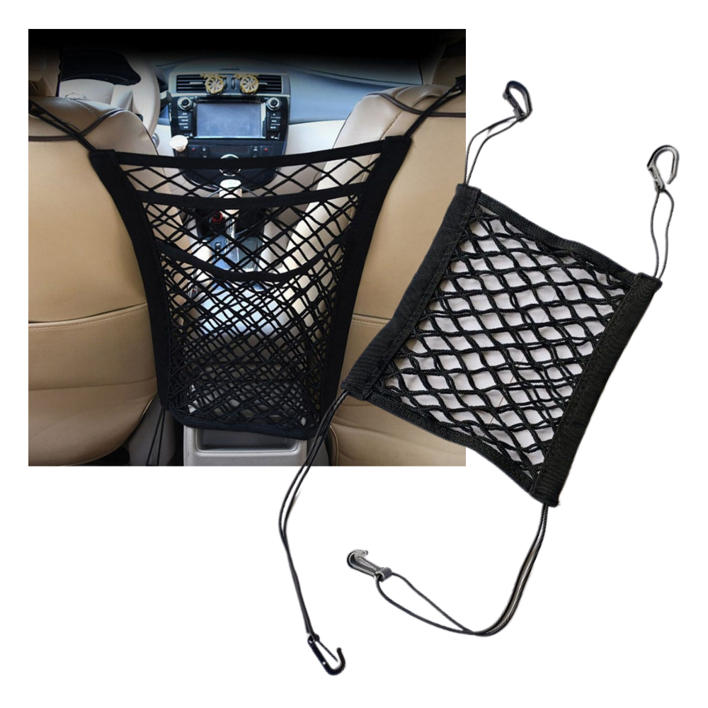 Filet elástico de armazenamento Mutocar para carros, com dois compartimentos para organização de objetos no veículo.